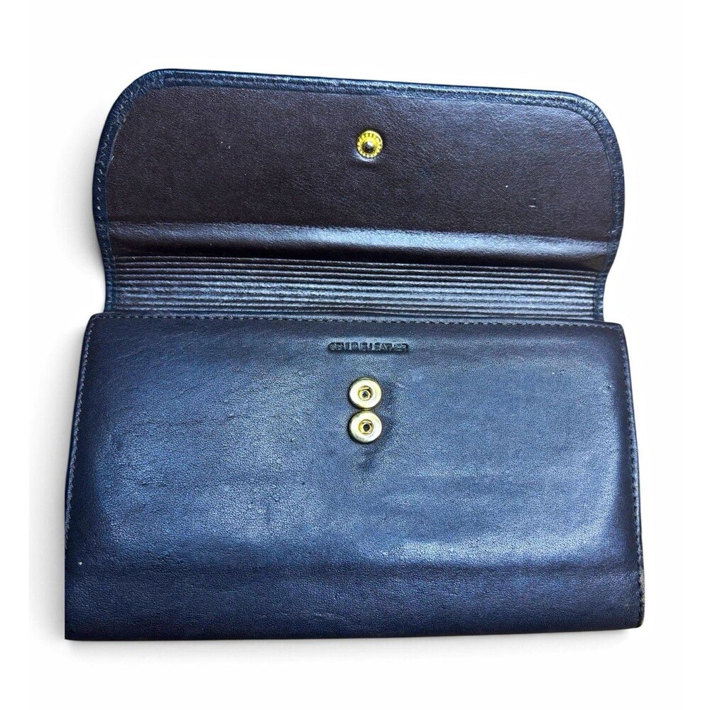 80s Vintage Rolfs Black Leather Wallet Womens Clutch Checkbook Kiss Lock TriFold